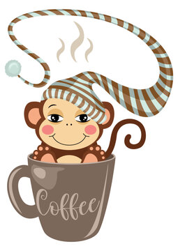 Sleepy sheep with monkey hat inside cup of coffee