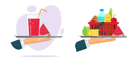 Juice beverage red drink glass on waiter tray hand icon vector isolated clipart image graphic, grocery products basket shop food as healthy nutrition, summer breakfast idea illustration