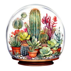 Cacti and succulents in glass sphere. Created with Generative AI