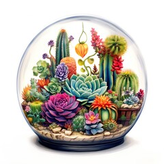 Colorful cacti succulents and flowers in glass sphere. Created with Generative AI