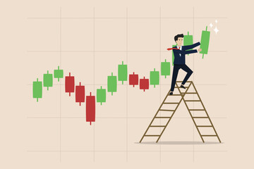 Technical analysis to analyze the movement of stock or cryptocurrency market data, trend analysis, buy and sell indicator chart concept, businessman trader analyzing candlestick charts.