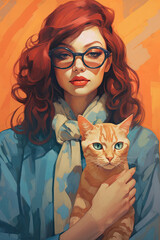 Beautiful woman in glasses holding a cat in her arms