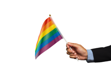 Close-up of a hand holding rainbow flag against a transparent background.
