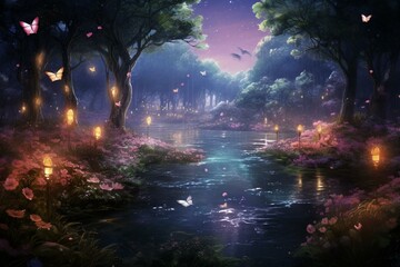 Enchanted fairy tale with rose garden, lake, butterflies, moon. Generative AI