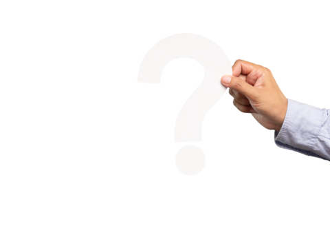 Hand holding a white question mark symbol against a transparent background.