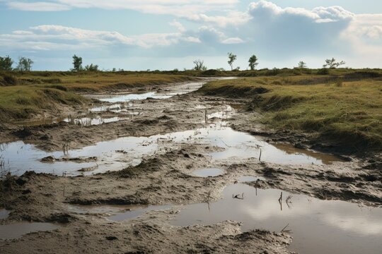 An image of a mucky marsh with muddy water and clay ground after a downpour. Generative AI