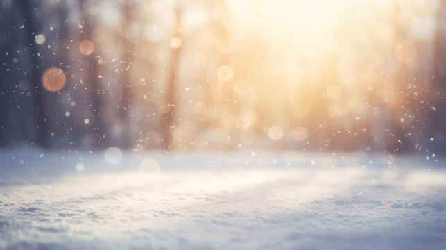 Winter background with blurred forest, road with snow, sunlight and bokeh effect © Katya
