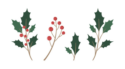 Christmas set of ilex branches with red berries. Holly leaves. Botanical Winterberry. Hand painted digital illustration for wedding invitation, pack, christmas card