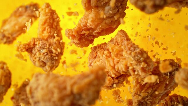 Super Slow Motion Shot of Flying Hot Chicken Wings Towards Camera at 1000fps.