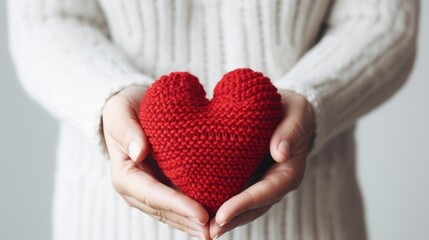 Fototapeta premium Winter Charity concept with red knitted heart in female hands. Winter Charity Work, Give Someone a Coat, Support Homeless Charities, Give Someone Holiday Cheer, Feed the Hungry
