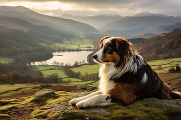 Sheepdog gazes over Grasmere valley and lake in Lake District National Park, England. Generative AI