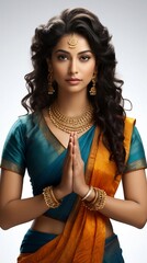 Beautiful young indian woman in sari with hands clasped together