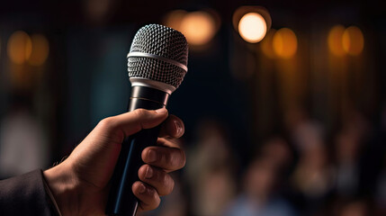 A speaker with microphone in front of audiences. Comedy music and theater live performance. Seminar or Conference. General meeting. Generative Ai