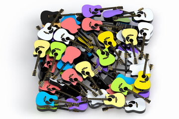Heap of flying acoustic guitars isolated on white background.