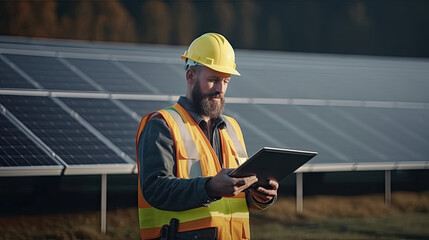 Fototapeta premium An engineer in uniform holding tablet control solar cell farm. Generative Ai