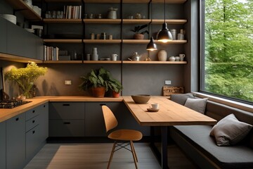 Open gray kitchen nook featuring a table and storage units. Generative AI - obrazy, fototapety, plakaty