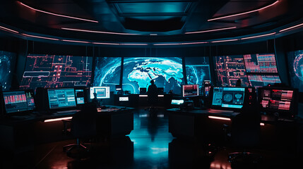 A wide shot of a futuristic control room
