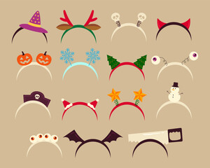 Christmas and halloween headband accesories flat design illustration