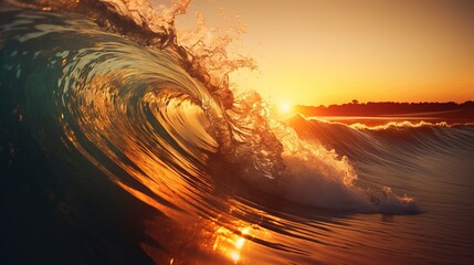 golden ocean wave during sunset - obrazy, fototapety, plakaty