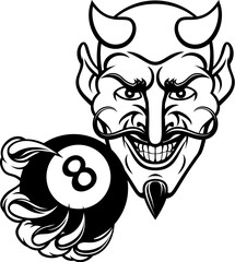 A devil angry mean pool billiards mascot cartoon character holding a black 8 ball.