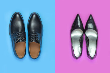 modern fashionable classic shoes, men's and women's shoes on a colored background top view.