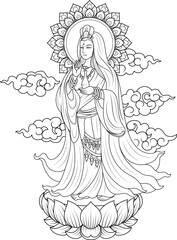 Quanyin or Guan Yin stand on lotus with aureole behind head and cloud background. Chinese god and art Guan Yin character design. Line art Buddhism religious illustration vector.