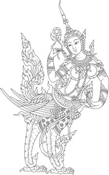 Thailand girl fantasy vector, her name Kinnaree. Buddhism religious line art character design.