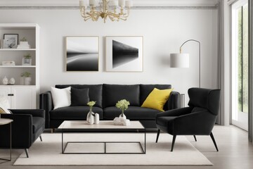 Fototapeta premium Interior mockup with picture frame on a Wall. Living room with sofa and painting on a wall 3D render.