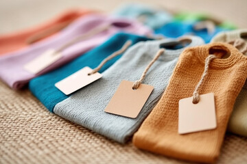 Colorful clothes with tags on burlap background, close-up