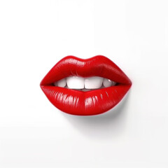 Obraz premium Beautiful female lips with red lipstick on white background. Close up.