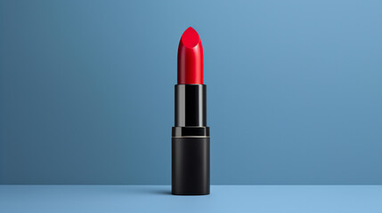 Fototapeta premium Red lipstick on blue background. 