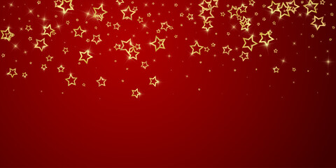 Naklejka na ściany i meble Christmas stars vector overlay. Magic stars luxury sparkling confetti. Christmas spirit. Festive stars vector illustration on red background.