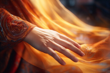 A woman's hand touching a silk dress