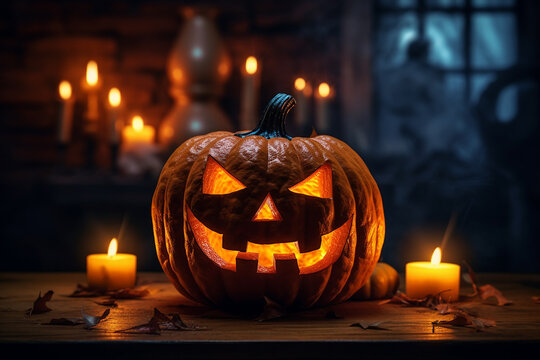 A Halloween pumpkin decorated with candles