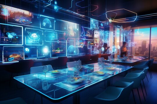 An image of an advanced restaurant featuring a futuristic interface with holograms or smart panels for customer use. Generative AI