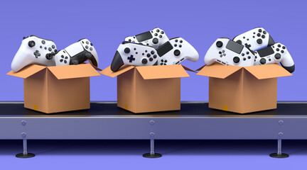 Set of gamer joysticks or gamepads in cardboard box on factory line on violet