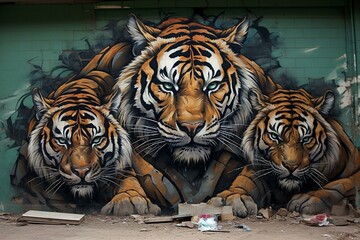 Artistic drawings of tigers on a wall. Generative AI