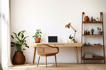 A modern home office with wooden desk, chic chair, bamboo shelf, carpet, macrame, poster frame, supplies, decorations, and accessories. Generative AI