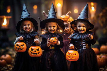 Kids trick or treat. Halloween fun for children, created with Generative AI
