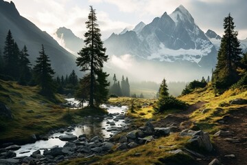 Beautiful early morning scenery while hiking in the majestic mountains. Generative AI