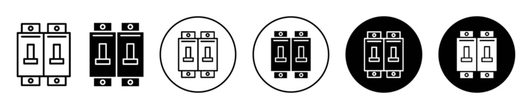 Circuit breaker icon set. mcb safety switchboard panel vector symbol in black filled and outlined style.