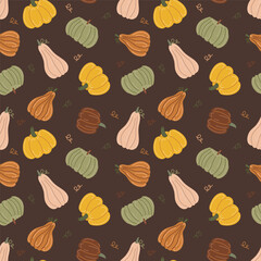 Pumpkins. Autumn print on a dark background. Hand drawing. Simple pattern. Vector illustration