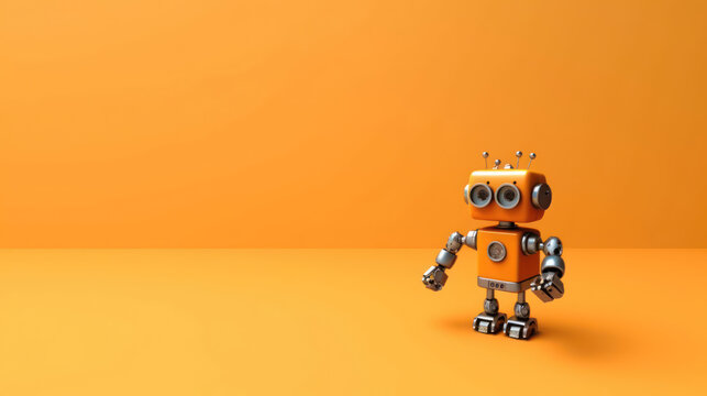 Friendly cute cartoon robot - 3d render. Technology concept. Customer support chatbot, online consultant, assistant. Kawaii bot with smiling face on the screen. Robotic toy.