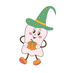 Cute groovy ghost with pumpkin. Retro 70s 60s cartoon character. Cute pink spooky baby ghost.