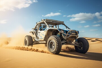 Fototapeta na wymiar Off-road buggy car in Qatar desert's sand dunes. Generative AI