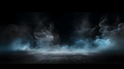 Abstract image of dark room concrete floor. Black room or stage background for product placement.Panoramic view of the abstract fog. White cloudiness, mist or smog moves on black background.