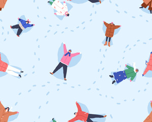 People on winter holiday, seamless pattern. Happy men, women, kids making snow angels, endless background. Snowy vacation fun, repeating print. Colored flat vector illustration for textile, wrapping