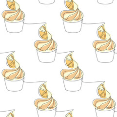 Cream lemon cake muffin cupcake line icon seamless pattern vector. Cartoon linear dessert backdrop. Outline continuous doodle illustration. Kitchen wallpaper, background, print, graphic design, card.