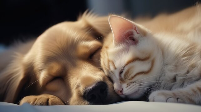 Un perro y un gato acurrucados juntos en una siesta. Concepto de ternura y amor. Generado por IA.