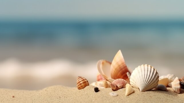 Fondo de unas caracolas con espacio para texto. Concepto de vacaciones y verano. Generado por IA.